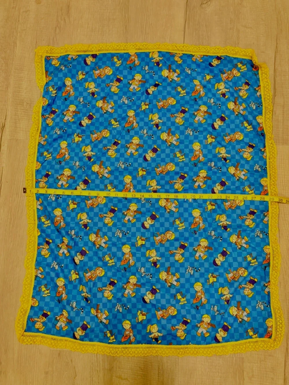 Vintage Bob the Builder Handmade Baby Blanket 2002 Blue Cotton Yellow Lace Trim